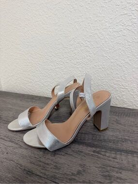 Metallic Silver Block Heel Slingback Sandals for Women